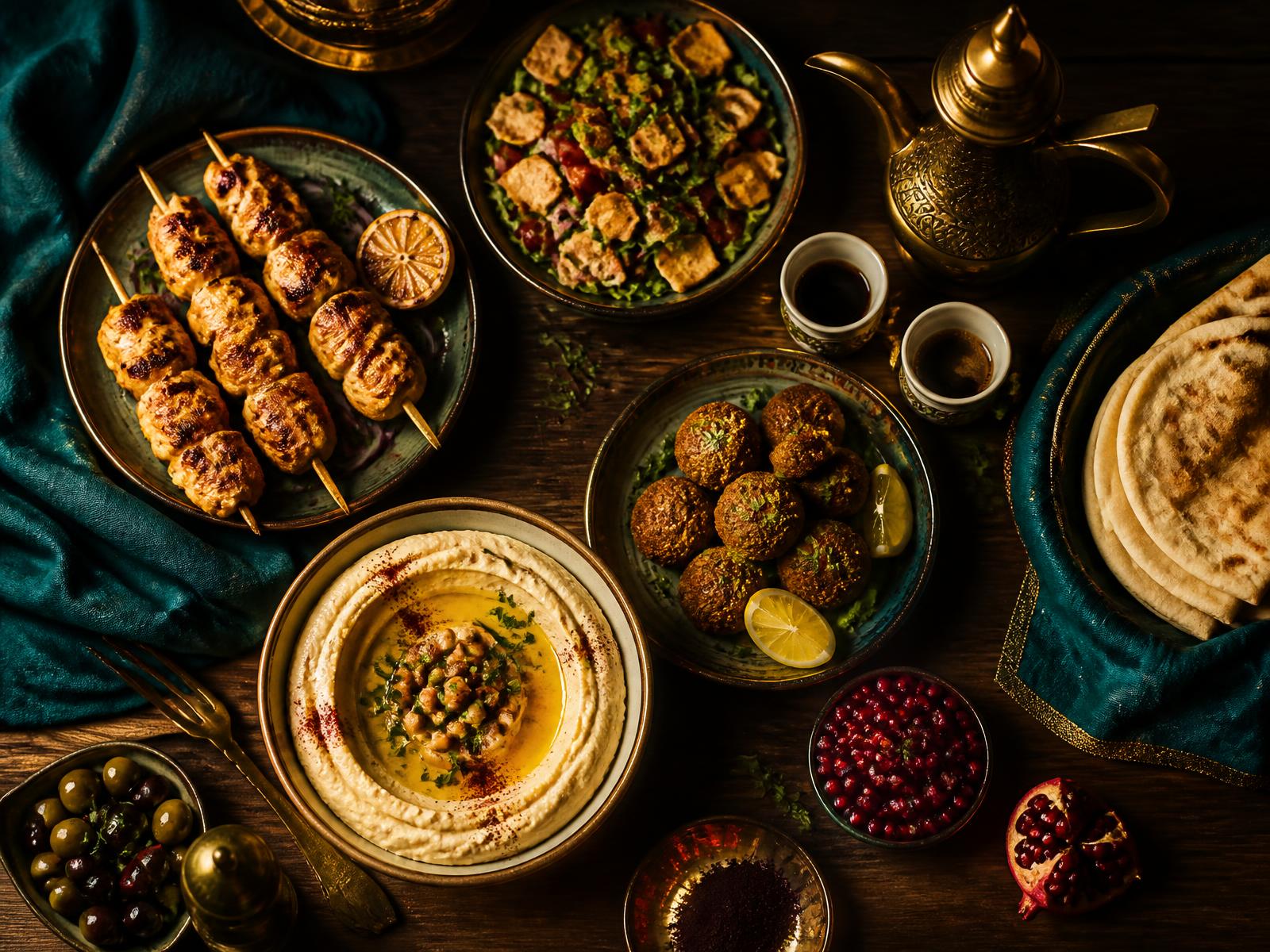 Mediterranean mezze spread with hummus, grilled skewers and falafel